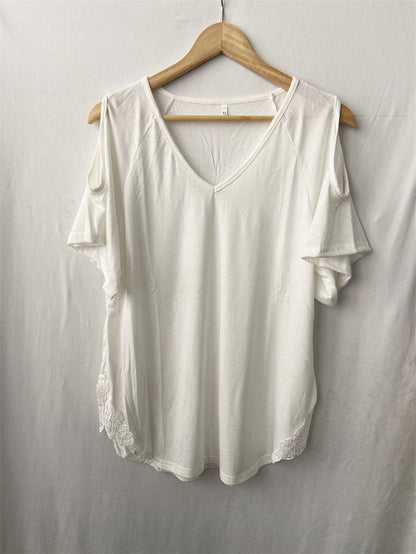Camiseta informal holgada de manga corta con cuello en V para mujer