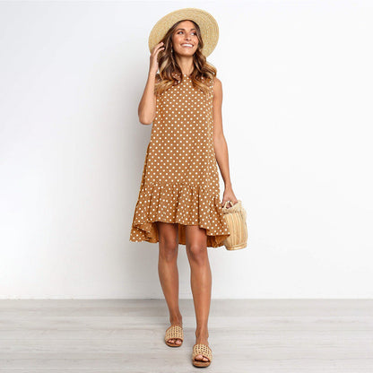 Minivestido playero bohemio de verano con lunares, sin mangas y volantes para mujer
