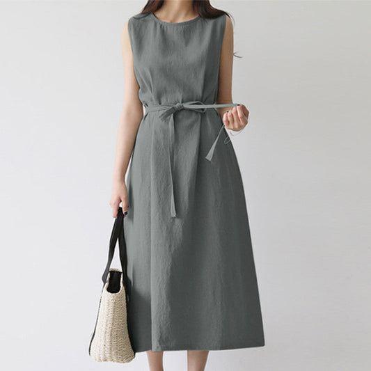 Women Casual Fashion Loose Bohemian Sleeveless Belt Round Neck Dress