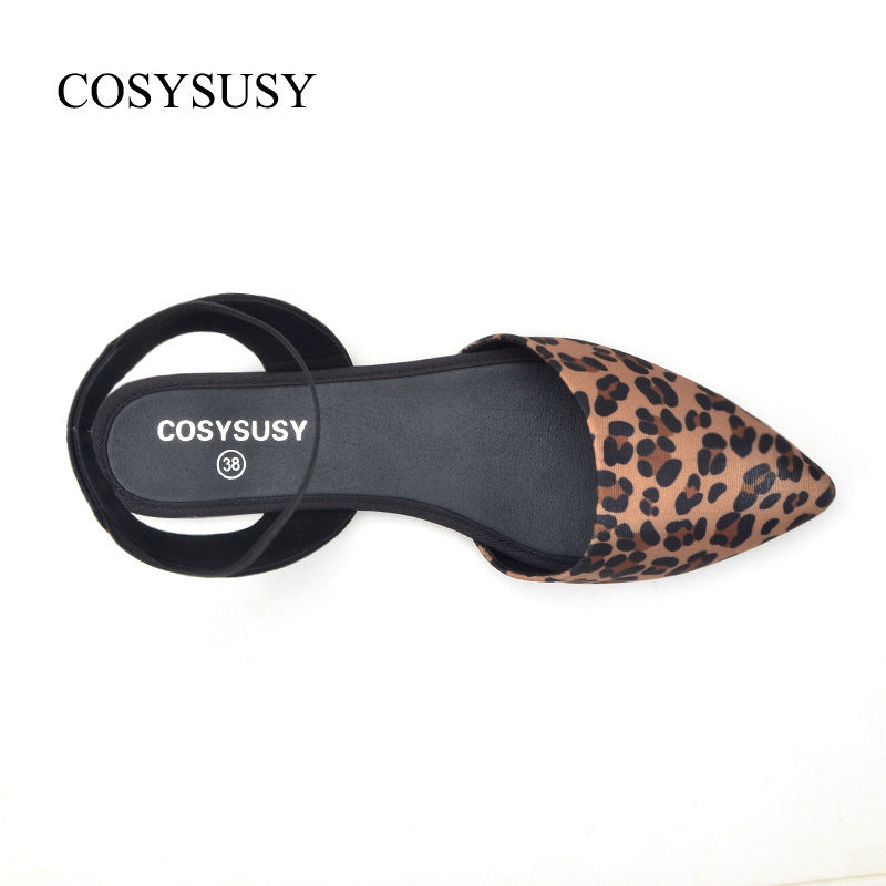 Women Chic Vintage Pointed Toe Leopard Flat Ankle Strap Sandals