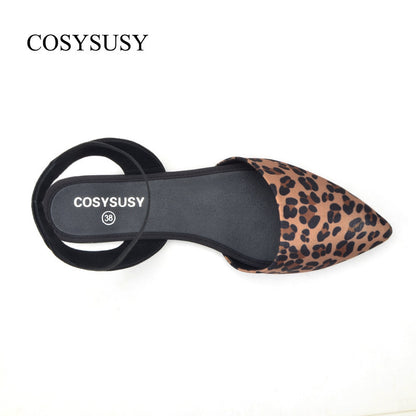 Women Chic Vintage Pointed Toe Leopard Flat Ankle Strap Sandals