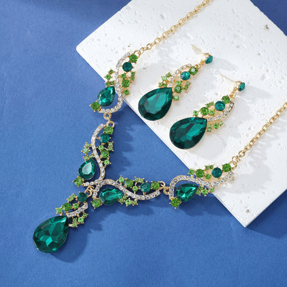 Exaggerated Fashion Emerald Necklace and Stud Earrings Set - Rhinestone Alloy Jewelry