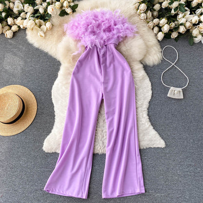 Fashion Women Pink Feather Strapless Summer Jumpsuit