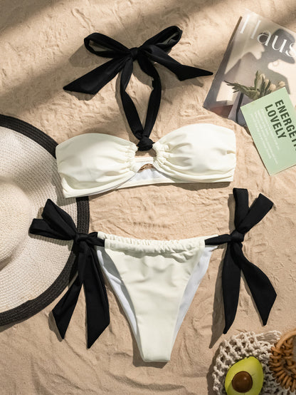 Bikini sexy con lazo en el cuello en contraste blanco y negro para mujer