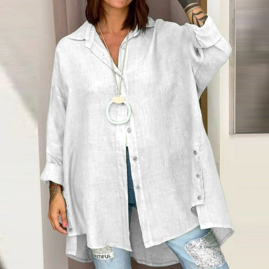 Camisa informal de lino y algodón de moda de verano para mujer