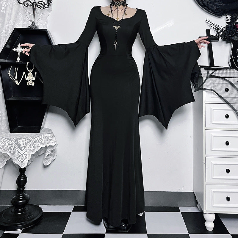 Robe longue à manches longues de style gothique pour femme, couleur unie