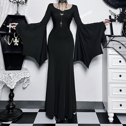 Robe longue à manches longues de style gothique pour femme, couleur unie