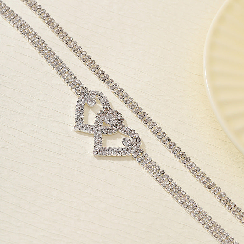 Women Fashion Double-Layer Love Rhinestone Anklet