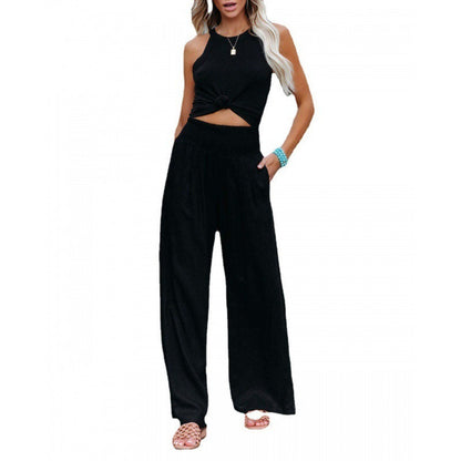Women Fashion Casual Solid Color Cotton Linen Wide Leg Pants