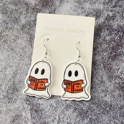 Pendientes acrílicos divertidos y creativos de gato fantasma para Halloween para mujer