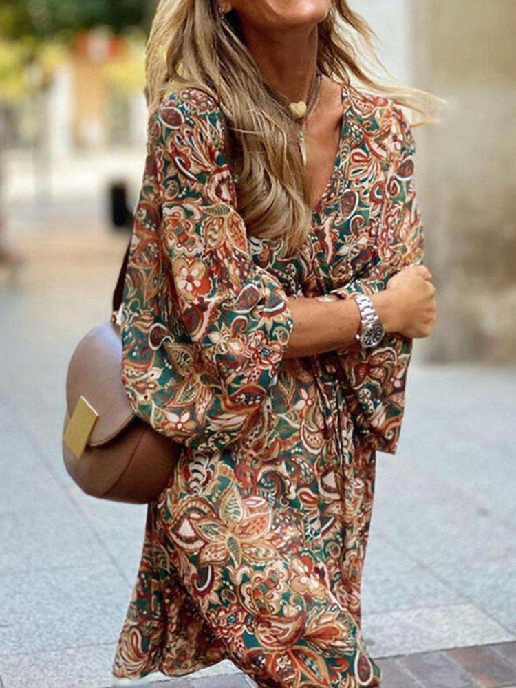 Women Elegant V Neck Vintage Bohemian Printed Casual Dress