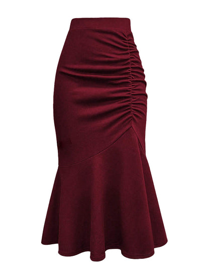 Women Casual Solid Color Pleated Fishtail Midi Skirt