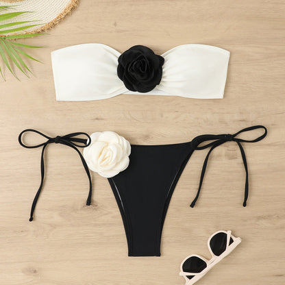 Bikini de verano con estampado floral y bloques de color para mujer