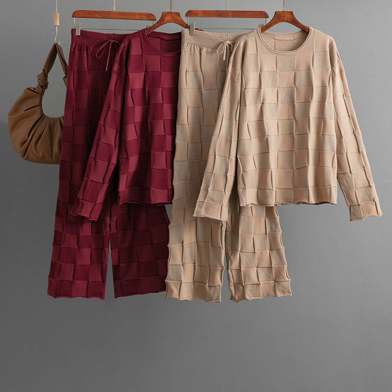 Women Casual Solid Color Square Plaid Sweater and Pants Set