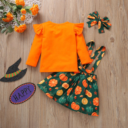 Vestido informal de manga larga con estampado de calabaza para niñas pequeñas