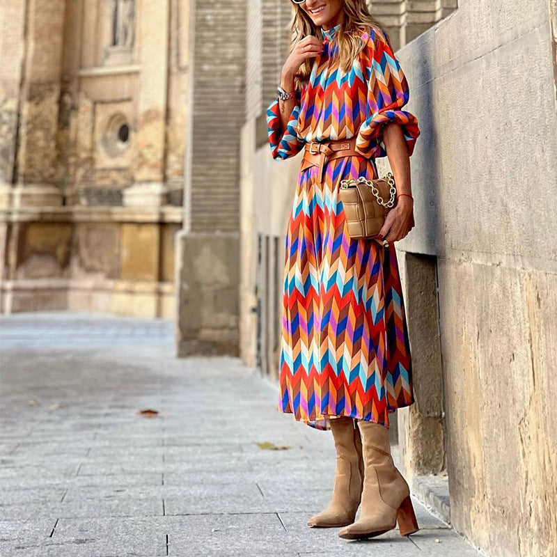 Vestido midi con cuello alto para mujer, moda primavera otoño
