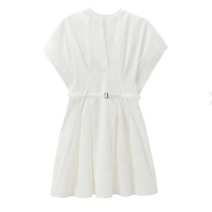 Robe d'été plissée à col en V pour femme, style bureau chic, en coton uni