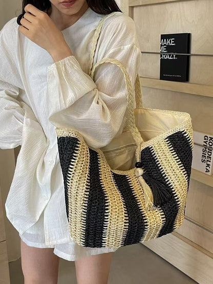 Women Fashion Stripe Straw Woven Beach Tote Bag