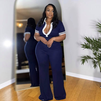 Women Fashion Casual Color-Contrast Lapel V-Neck Jumpsuits