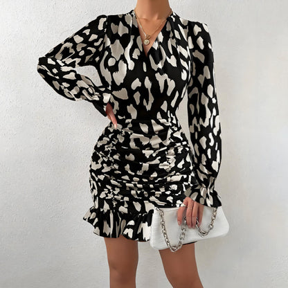 Vestido con volantes y manga larga con estampado de leopardo para mujer