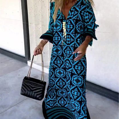 Women Casual Boho Style Geometry Stripe Print Long Sleeve V Neck Maxi Dress