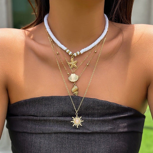 Women Simple Bohemian Sunflower Multi-Layer Necklace