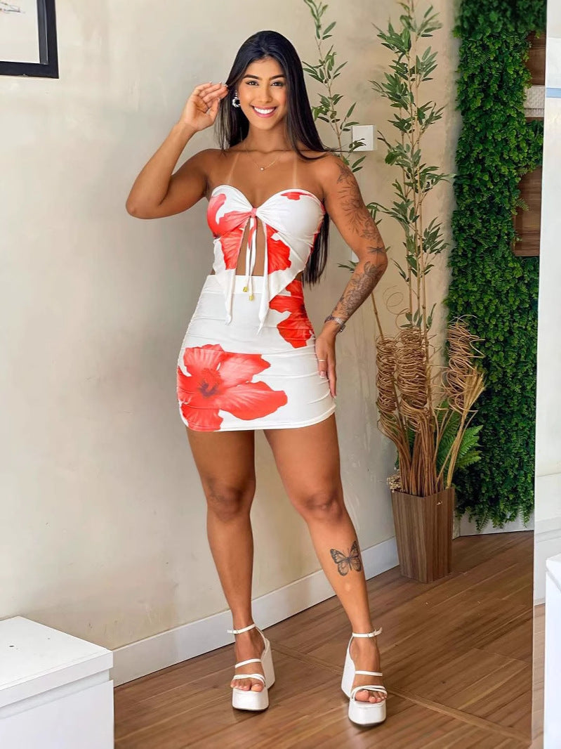 Ensemble d'été pour femme, haut tube à lacets et mini-jupe à imprimé floral