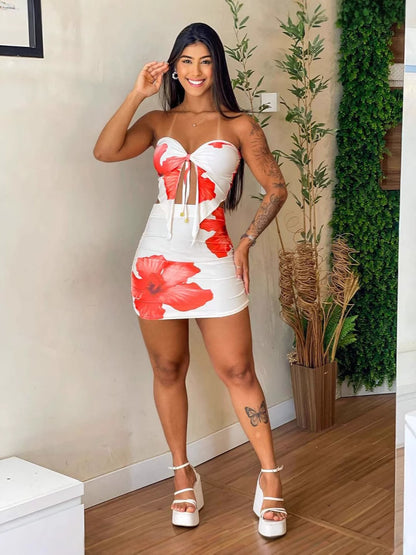 Ensemble d'été pour femme, haut tube à lacets et mini-jupe à imprimé floral