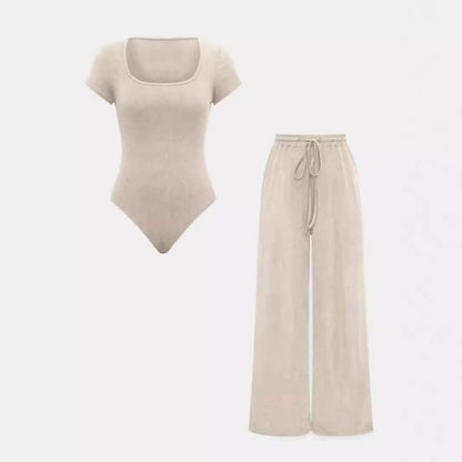 Women’s Solid Color Rib-Knit Bodysuit Pants Set