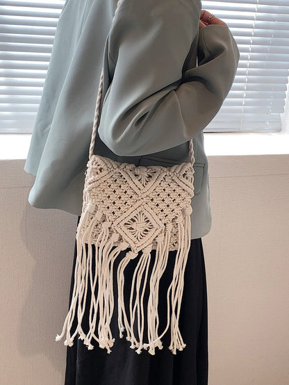 Bolso tejido con borlas estilo bohemio informal para mujer