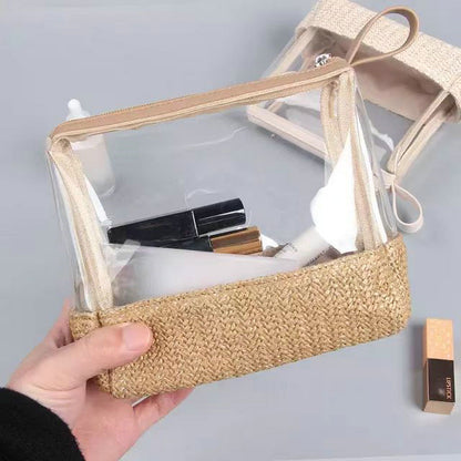 Bolsa de cosméticos portátil de paja para mujer