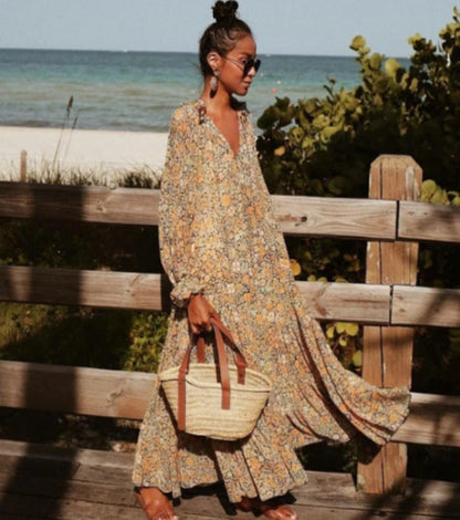 Vestido elegante bohemio con estampado de leopardo, hojas y cachemira floral vintage