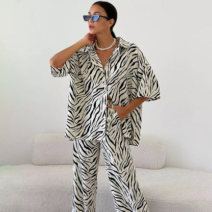 Women Casual Satin Stripe Blouse and High Waist Pants Set