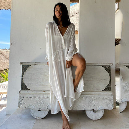 Vestido playero de manga larga con solapa y perspectiva de moda para mujer