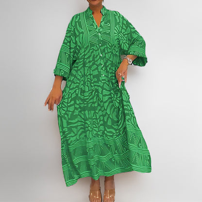 Vestido informal de talla grande con cuello en V y manga larga para mujer
