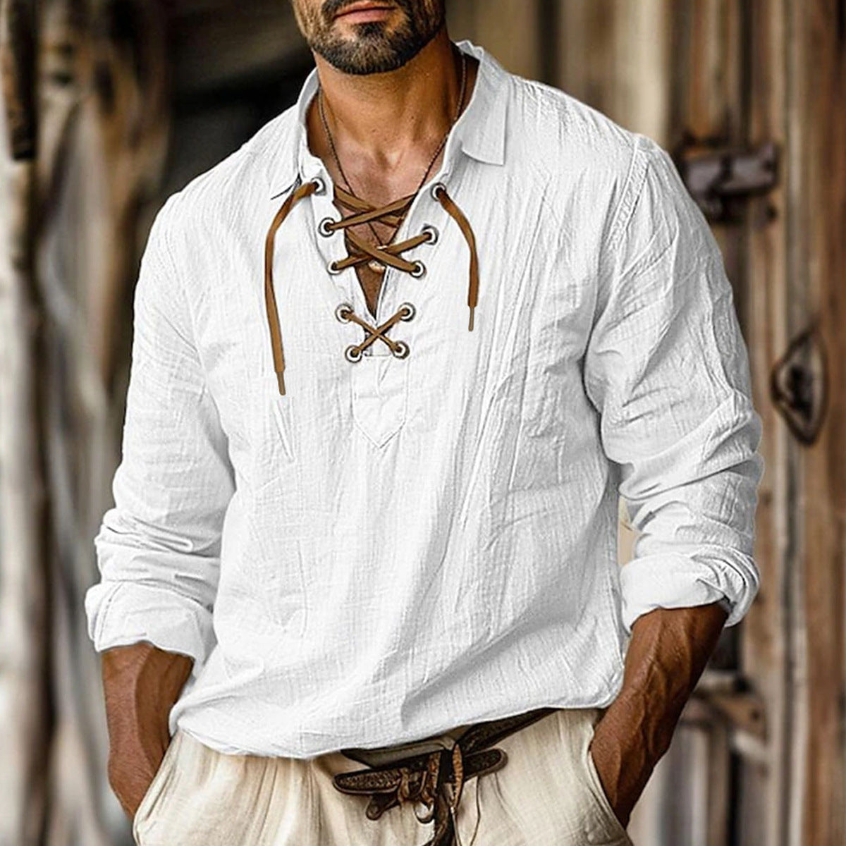 Camisa informal de lino liso con cuello en V y mangas largas para hombre