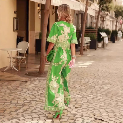 Women Casual Vacation Printed V-Neck Short-Sleeve Jumpsuit