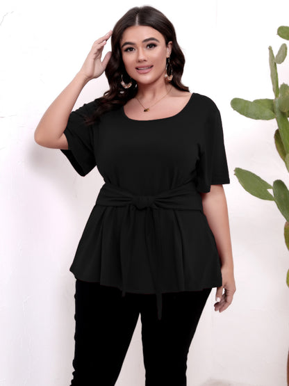 Women Casual Plus Size Solid Color Lace-Up T-Shirt