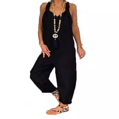 Women Casual Solid Color Linen Sleeveless Jumpsuits