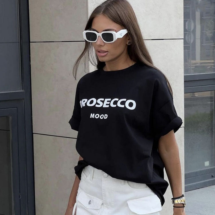 Women Casual Cotton Letter Printed Round Neck T-Shirt