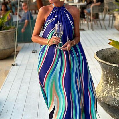 Women Fashion Casual Boho Printed Halter-Neck Sleeveless Dress