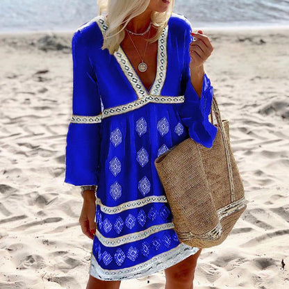 Vestido holgado bohemio elegante de manga larga con cuello en V para mujer
