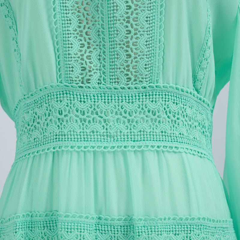 Stand Collar Stitching Lace Hollow Button Maxi Dress