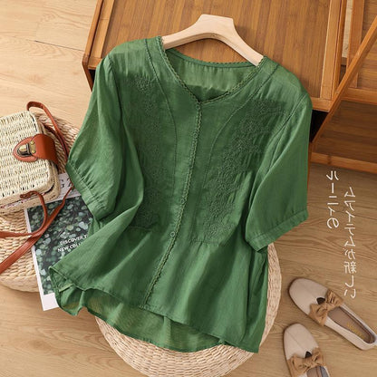 Top de manga corta con bordado de lino retro para mujer