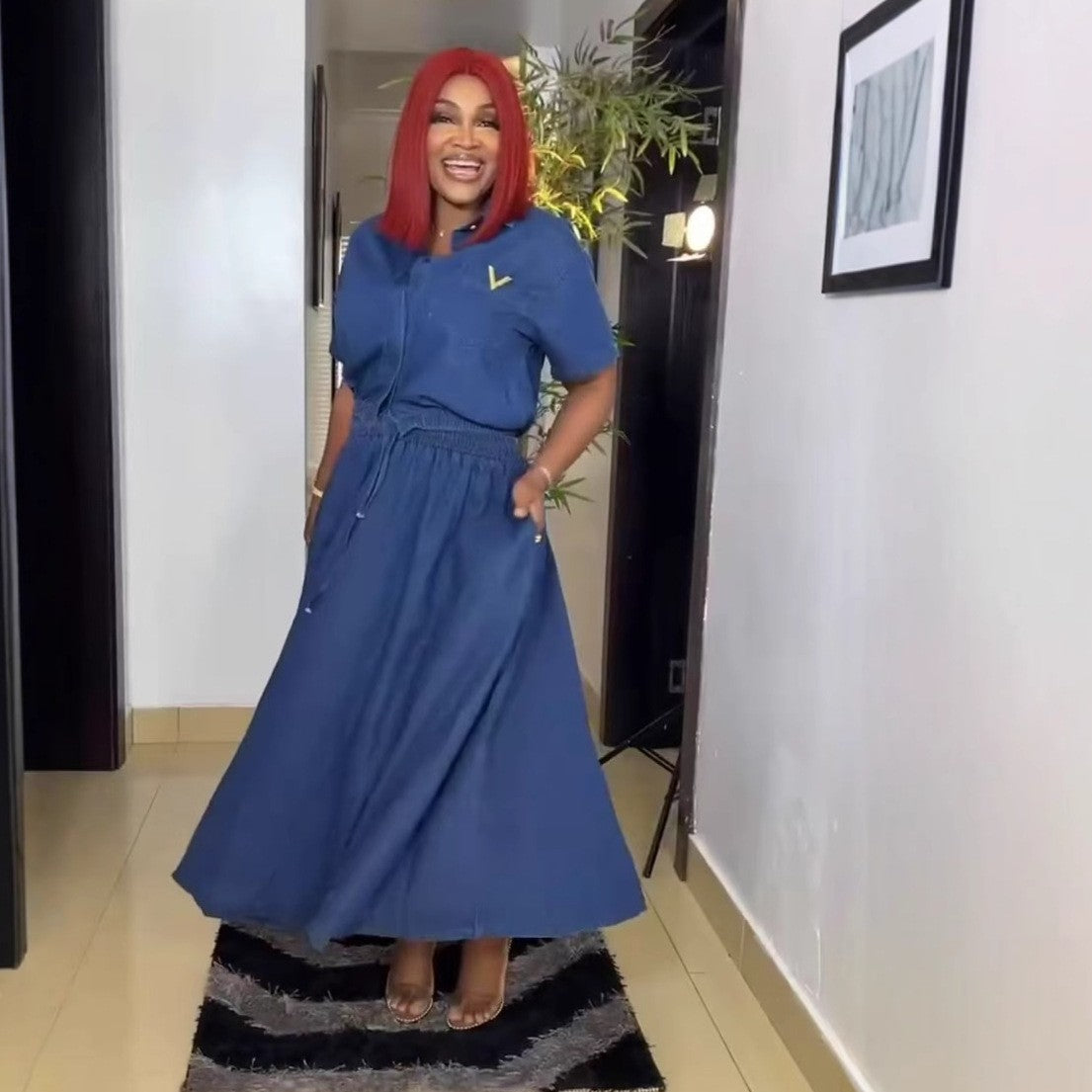 Women Casual Solid Denim Lapel Short Sleeve Two-Piece Set