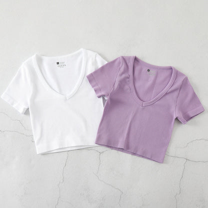 Camiseta de yoga informal de color liso con cuello en V para mujer