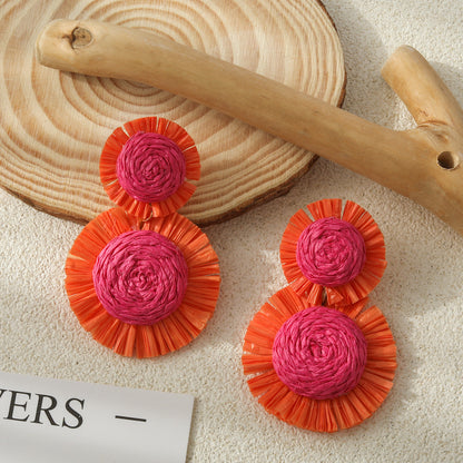 Bohemian Casual Holiday Multicolor Raffia Sunflower Earrings
