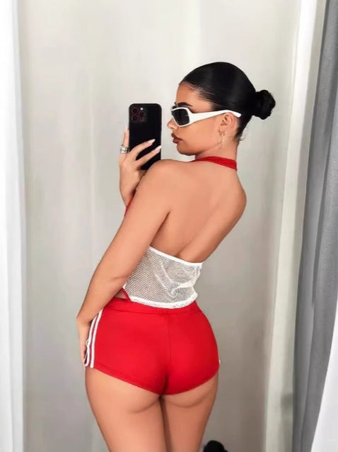 Women Fashion Contrast Color Halter Neck Crop Top with Low Waist Shorts Two-Piece Set