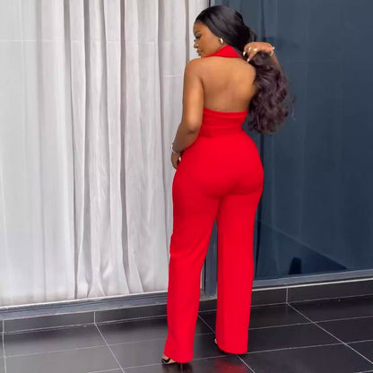 Women Fashion V-Neck Backless Wide-Leg Jumpsuit in Solid Color