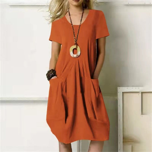 Women'S Fashion Casual Cotton Linen Round Neck Dress